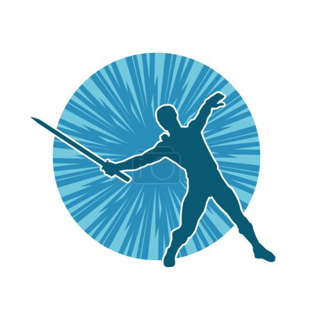 Illustration for Silhouette of a male warrior in action pose with sword weapon. Silhouette of a man fighter carrying sword weapon. - Royalty Free Image