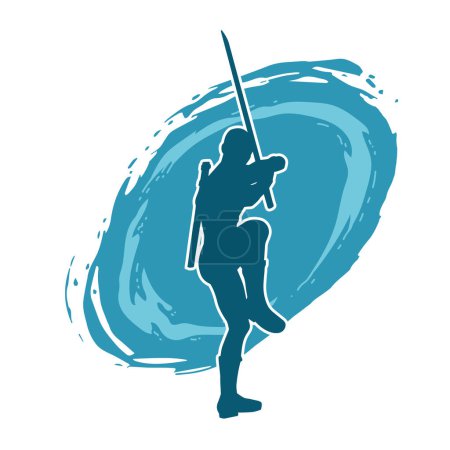 Illustration for Silhouette of a male warrior in action pose with sword weapon. Silhouette of a man fighter carrying sword weapon. - Royalty Free Image