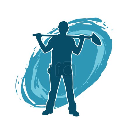 Illustration for Silhouette of a worker carrying shovel tool. Silhouette of a worker in action pose using shovel tool. - Royalty Free Image