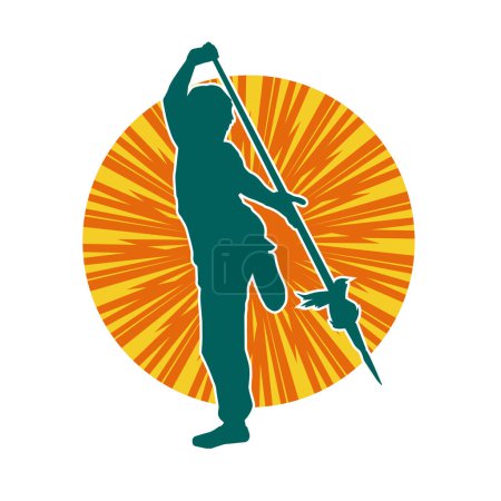 Illustration for Silhouette of a wushu martial artist in action pose with a spear weapon. Silhouette of a fighter carrying a spear weapon. - Royalty Free Image