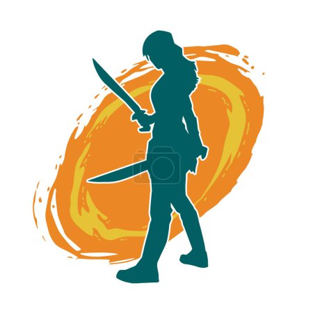 Ilustración de Silueta de una luchadora en acción posan portando arma de espada. - Imagen libre de derechos