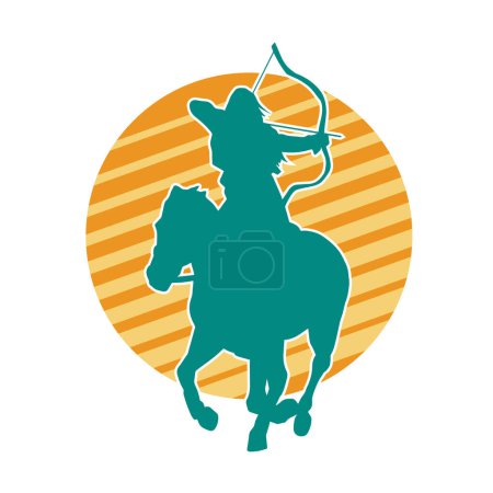 Illustration for Silhouette of an ancient cavalry soldier aiming with archery weapon. Silhouette of an archer on his running horse. - Royalty Free Image