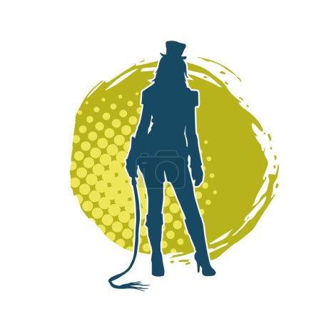 Silhouette of a slim female model wearing sexy fancy tight costume in pose carrying whip 