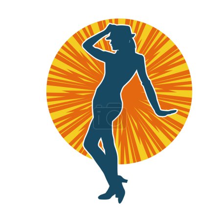 Téléchargez les illustrations : Silhouette d'une danseuse de cabaret en action. Silhouette d'une femme costumée dansant joyeusement. - en licence libre de droit