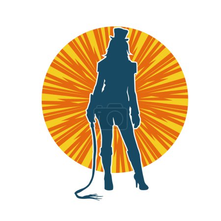 Silhouette of a slim female model wearing sexy fancy tight costume in pose carrying whip 