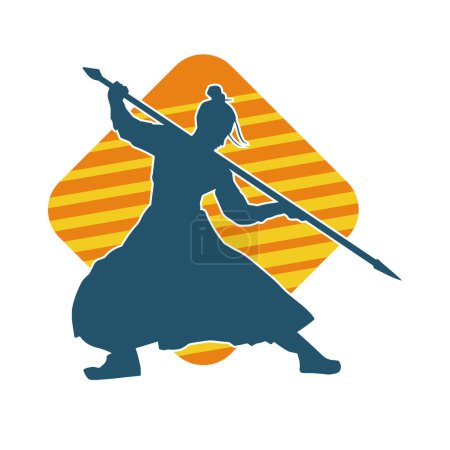 Illustration for Silhouette of a wushu martial artist in action pose with a spear weapon. Silhouette of a fighter carrying a spear weapon. - Royalty Free Image