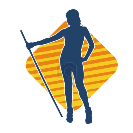 Illustration for Silhouette of a slim female fighter in standing pose with her staff weapon. A slim woman warrior silhouette carrying toya stick weapon. - Royalty Free Image