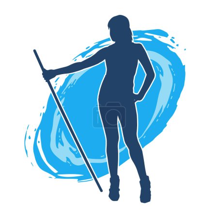 Illustration for Silhouette of a slim female fighter in standing pose with her staff weapon. A slim woman warrior silhouette carrying toya stick weapon. - Royalty Free Image