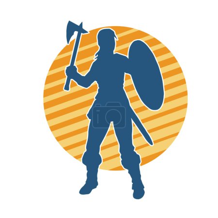 Ilustración de Silueta de una guerrera sexy en armadura de batalla portando arma de hacha y escudo de hierro. - Imagen libre de derechos