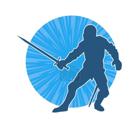 Illustration for Silhouette of a male warrior wearing war armor suit in action pose using a sword weapon. - Royalty Free Image