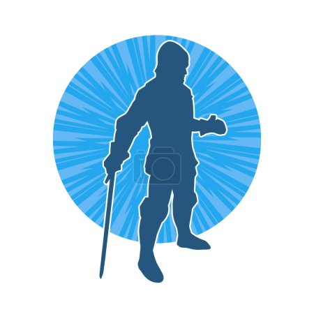 Ilustración de La silueta de un guerrero masculino con traje de armadura de guerra en acción posan usando un arma de espada. - Imagen libre de derechos