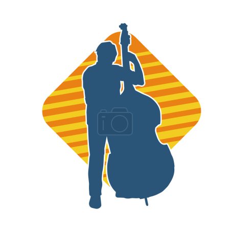 Silhouette of a classic musician playing contrabass or double bass string musical instrument.