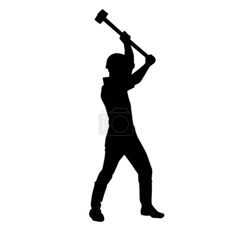Silhouette d'un travailleur en action pose à l'aide de son outil de marteau traîneau.