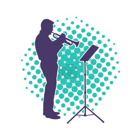 Silhouette of a male musician playing trumpet musical instrument. 
