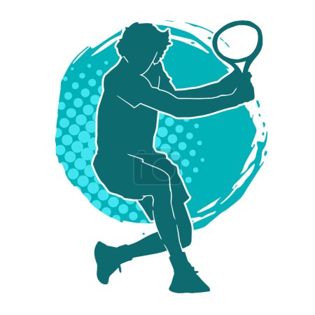 Silhouette of a male tennis player in action pose. Silhouette of a man playing tennis sport with racket.
