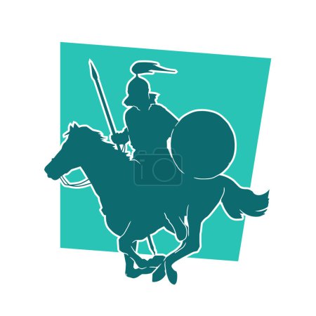 Silhouette of an ancient cavalry soldier carrying spear weapon. Silhouette of a warrior wearing armor suit on his running horse.