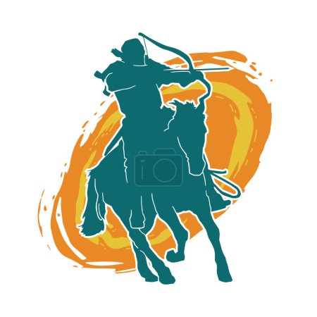 Silhouette of an ancient cavalry soldier aiming with archery weapon. Silhouette of an archer on his running horse.