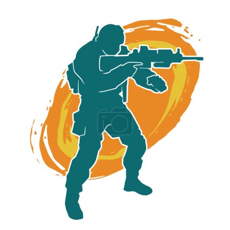 silhouette of a male soldier holding machine gun. silhouette of a special force police aiming his firearm weapon.