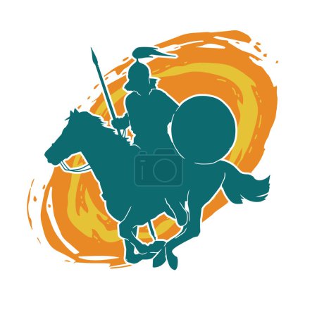 Silueta de un antiguo soldado de caballería portando arma de lanza. Silueta de un guerrero con traje de armadura en su caballo corriendo.