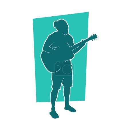 Silhouette eines männlichen Gitarristen. Silhouette eines Mannes, der akustische Gitarre spielt.