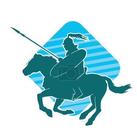 Silhouette of an ancient cavalry soldier carrying spear weapon. Silhouette of a warrior wearing armor suit on his running horse.