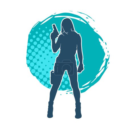 Silhouette einer Kämpferin in Pose mit Handfeuerwaffe oder Pistole Glock-Waffe.