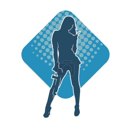 Silhouette of a sexy slim woman warrior in action pose carrying shotgun weapons.