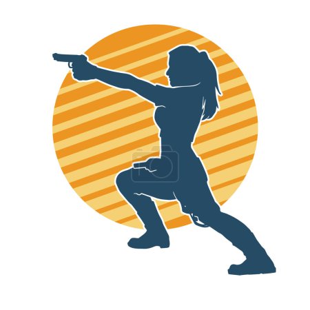 Silhouette of a woman in feminine outfit in pose carrying hand gun or pistol glock weapon.