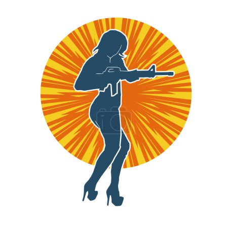 Ilustración de Silueta de mujer guerrera portadora de ametralladora. - Imagen libre de derechos