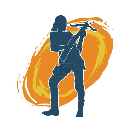 Ilustración de Silueta de una guerrera hembra portando arma ballesta en pose de acción - Imagen libre de derechos