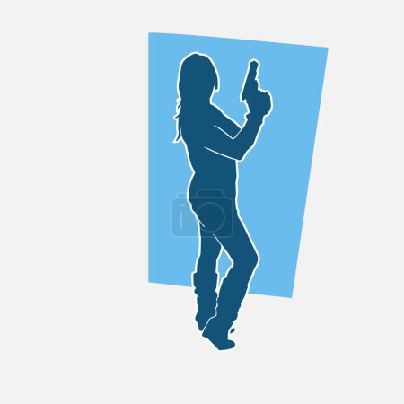 Silhouette einer Kämpferin in Pose mit Handfeuerwaffe oder Pistole Glock-Waffe.