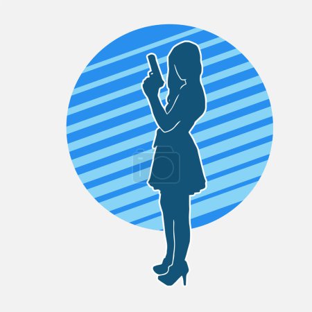 Silhouette of a woman in feminine outfit in pose carrying hand gun or pistol glock weapon.