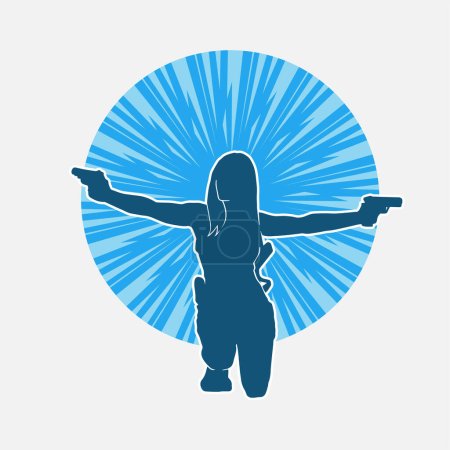 Silhouette d'une combattante en pose portant une arme de poing ou de pistolet.
