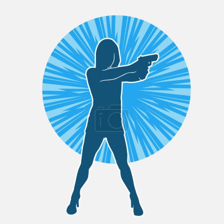 Silueta de una mujer luchadora en pose portadora de arma de mano o pistola glock arma.
