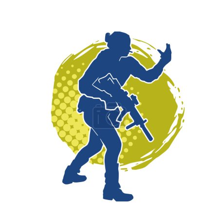 Silhouette of a female special force police wearing bulletproof vest and carrying machine gun weapon.