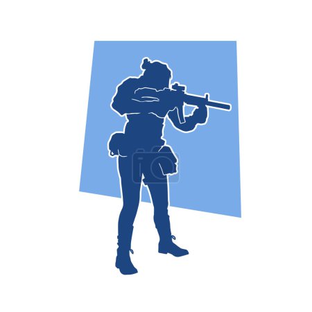 Silhouette einer weiblichen Spezialeinheit mit schusssicherer Weste und Maschinengewehr.