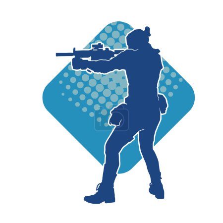 Silhouette of a female special force police wearing bulletproof vest and carrying machine gun weapon.