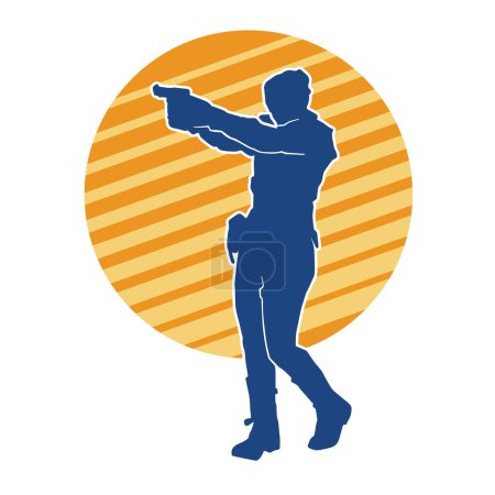 Silhouette of a female special force police wearing bulletproof vest and carrying pistol handgun weapon.