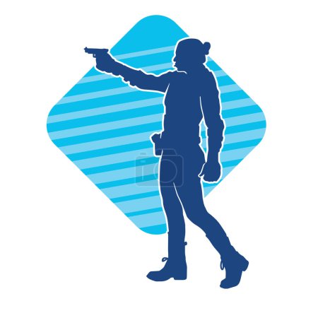 Silhouette of a female special force police wearing bulletproof vest and carrying pistol handgun weapon.