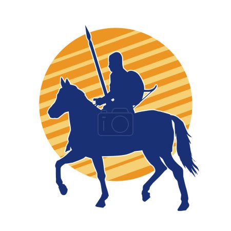 Ilustración de Silueta de un soldado de caballería a caballo portando arma de lanza. Silueta de un caballo con un soldado montado en ella. - Imagen libre de derechos
