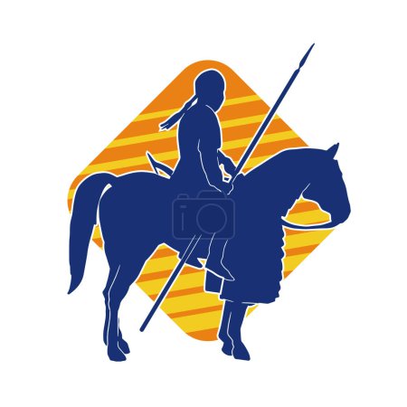 Illustration for Silhouette of a cavalry soldier on horseback carrying spear weapon. Silhouette of a horse with a male soldier ride on it. - Royalty Free Image