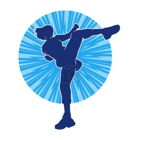 Silhouette d'une femme faisant un coup de pied d'art martial. Silhouette d'une femme sportive faisant un mouvement de coups de pied.