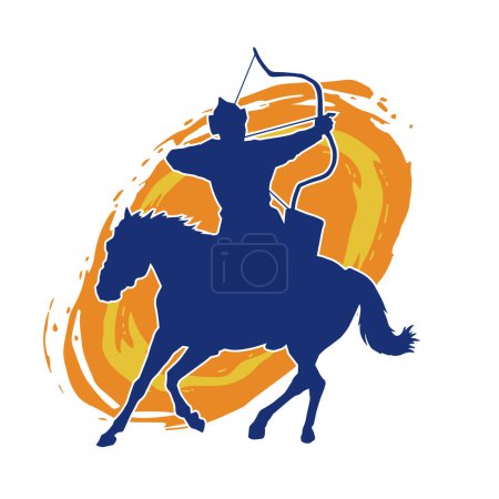 Illustration for Silhouette of an ancient cavalry soldier aiming with archery weapon. Silhouette of an archer on his running horse. - Royalty Free Image