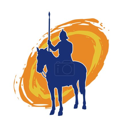 Illustration for Silhouette of a cavalry soldier on horseback carrying spear weapon. Silhouette of a horse with a male soldier ride on it. - Royalty Free Image