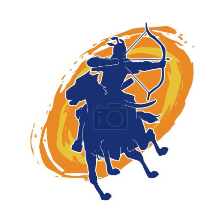 Silhouette of an ancient cavalry soldier aiming with archery weapon. Silhouette of an archer on his running horse.