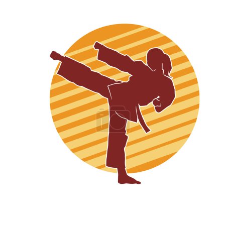 Silhouette einer Frau, die einen Martial-Art-Kick macht. Silhouette einer sportlichen Frau beim Kicken.