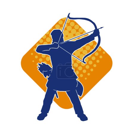 Illustration for Silhouette of a male archer warrior in action pose. Silhouette of a man fighter carrying archery weapon. - Royalty Free Image