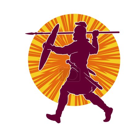 Silhouette of a male soldier carrying spear weapon and shield.