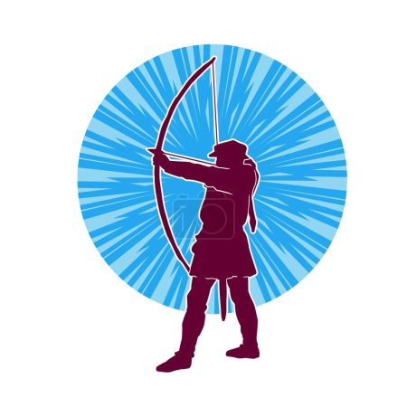 Illustration for Silhouette of a male archer warrior in action pose. Silhouette of a man fighter carrying archery weapon. - Royalty Free Image