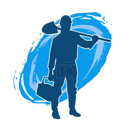 Illustration for Silhouette of a worker carrying shovel tool. Silhouette of a worker in action pose using shovel tool. - Royalty Free Image